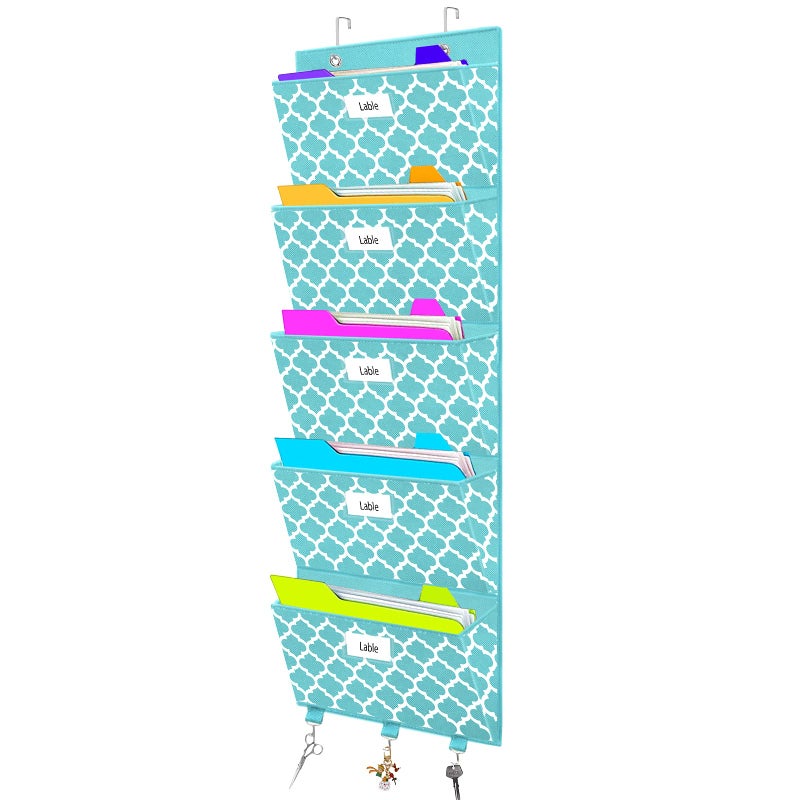 Homyfort Over the Door File Organizer, Hanging File Folders, Wall Organizers and Storage for Mail, Magazine, Notebooks, Planners, Office, Classroom, 5 Extra Large Pockets, 50.39â€ Tall (Blue Lantern Pattern) - Image 1